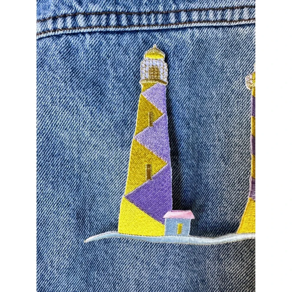 Lighthouse Trio iron On Patch Embroidered Pastel Yellow‎ Pink Coastal Nautical